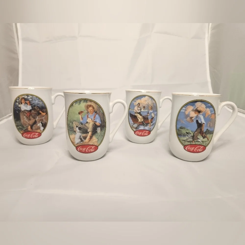 Set of 4 Vintage 1987 Coca Cola Norman Rockwell Collector Mugs